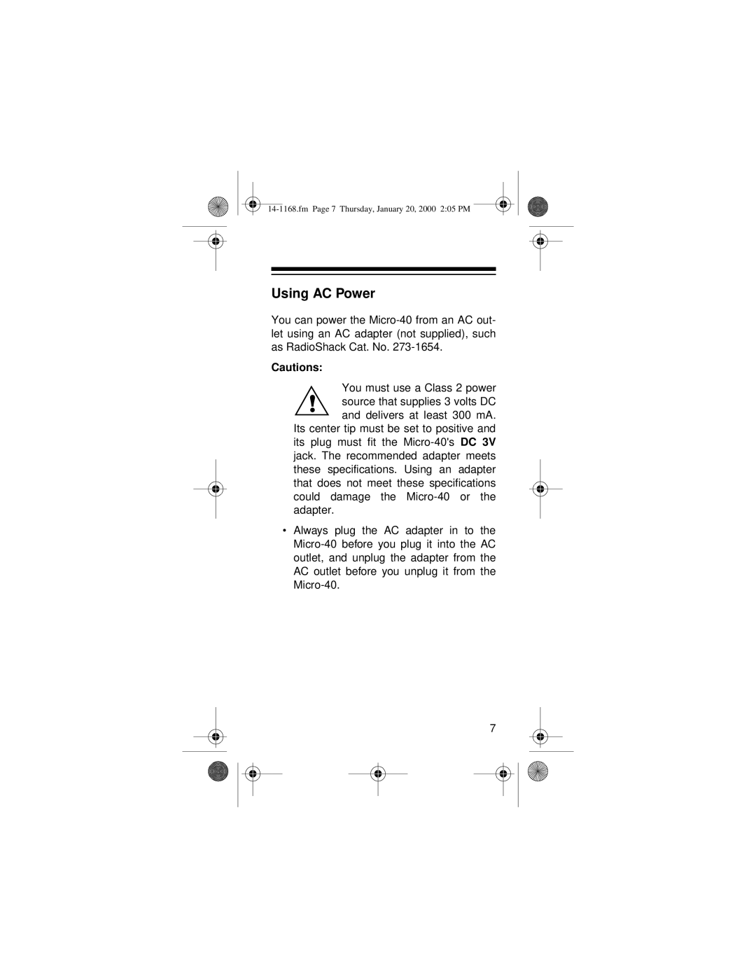 Optimus Micro-40, 14-1168 owner manual Using AC Power 