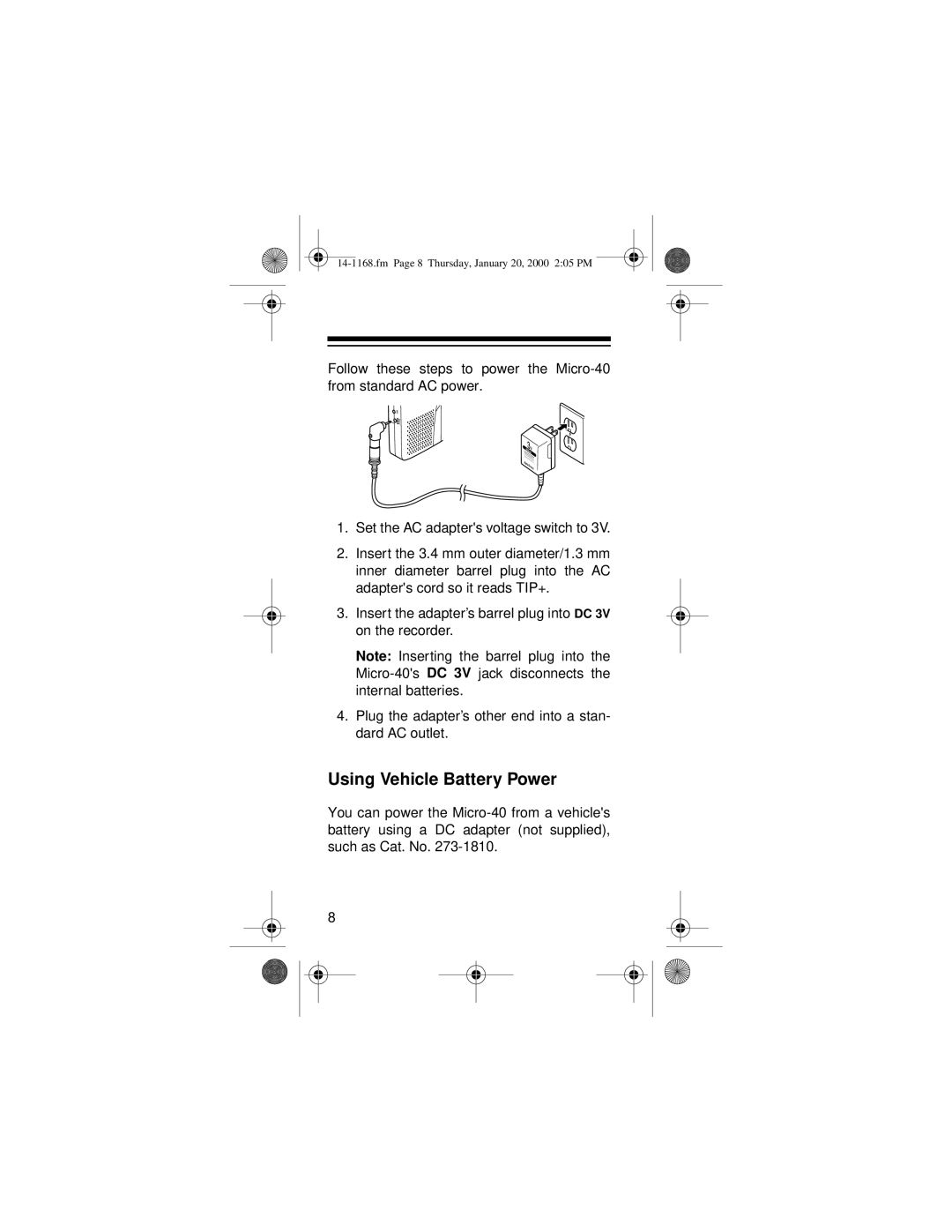 Optimus 14-1168, Micro-40 owner manual Using Vehicle Battery Power 