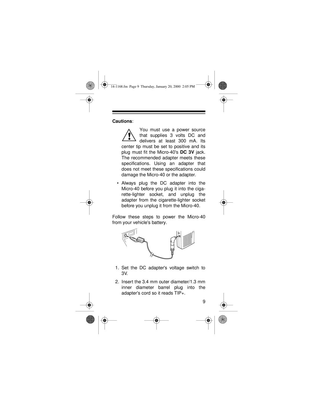 Optimus Micro-40, 14-1168 owner manual Fm Page 9 Thursday, January 20, 2000 205 PM 