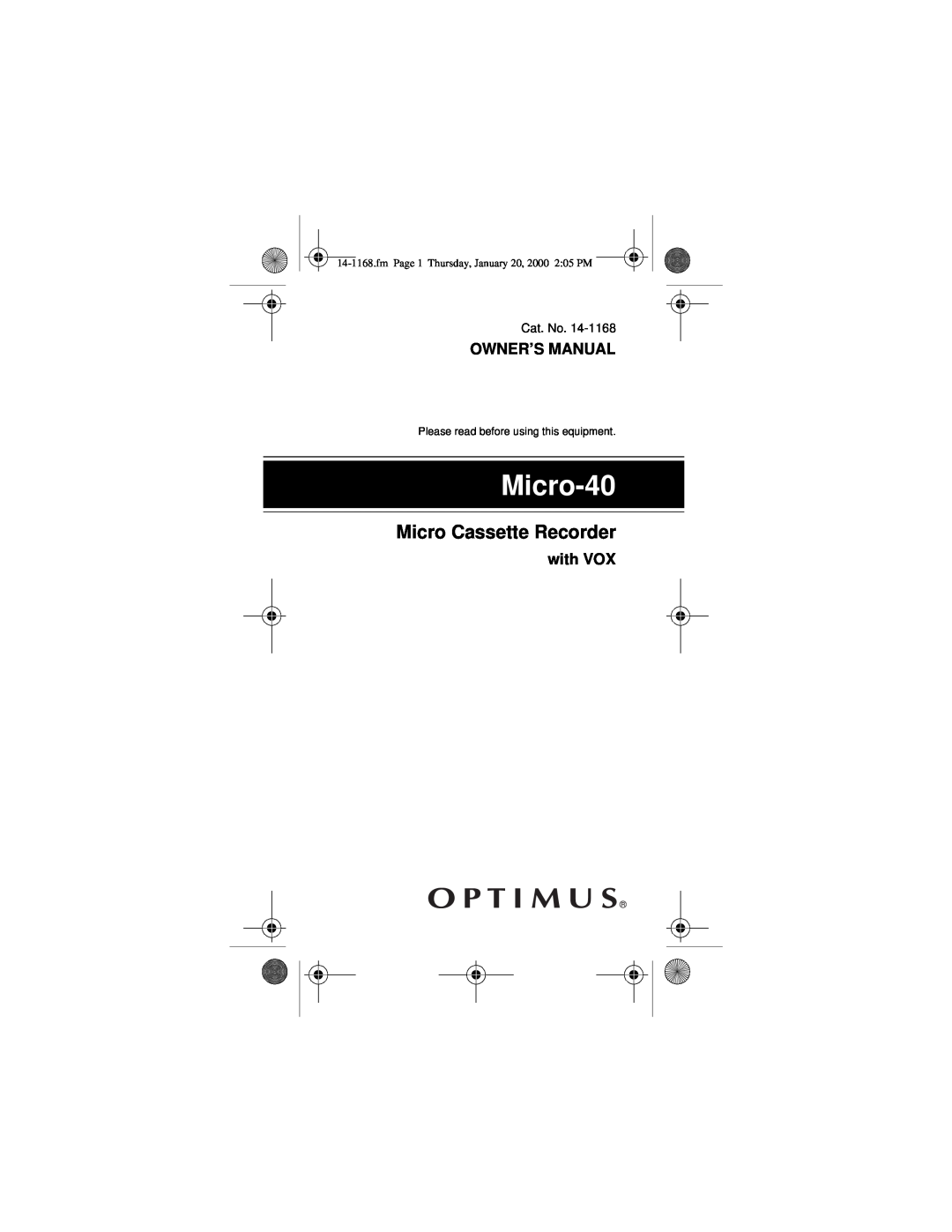 Optimus Micro-40 owner manual Micro Cassette Recorder, with VOX, Cat. No, fm Page 1 Thursday, January 20, 2000 205 PM 