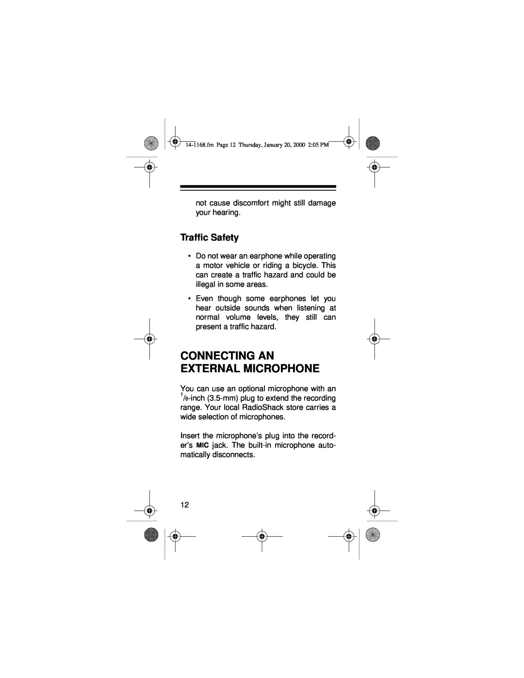 Optimus 14-1168, Micro-40 owner manual Connecting An External Microphone, Traffic Safety 