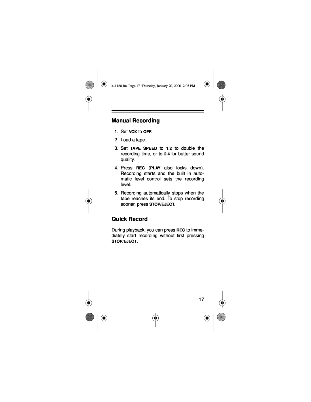 Optimus Micro-40, 14-1168 owner manual Manual Recording, Quick Record 