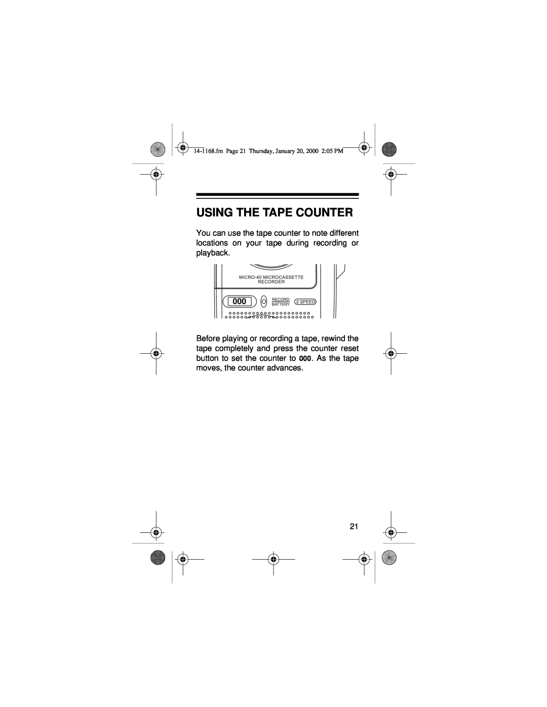 Optimus Micro-40, 14-1168 owner manual Using The Tape Counter, fm Page 21 Thursday, January 20, 2000 205 PM 