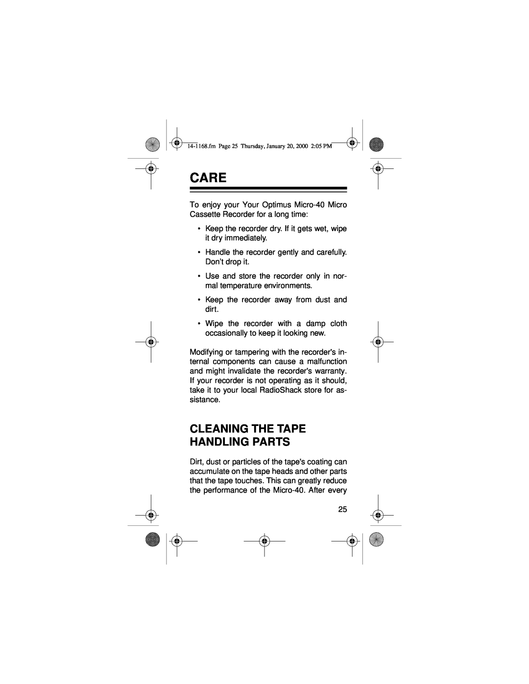 Optimus Micro-40, 14-1168 owner manual Care, Cleaning The Tape Handling Parts 