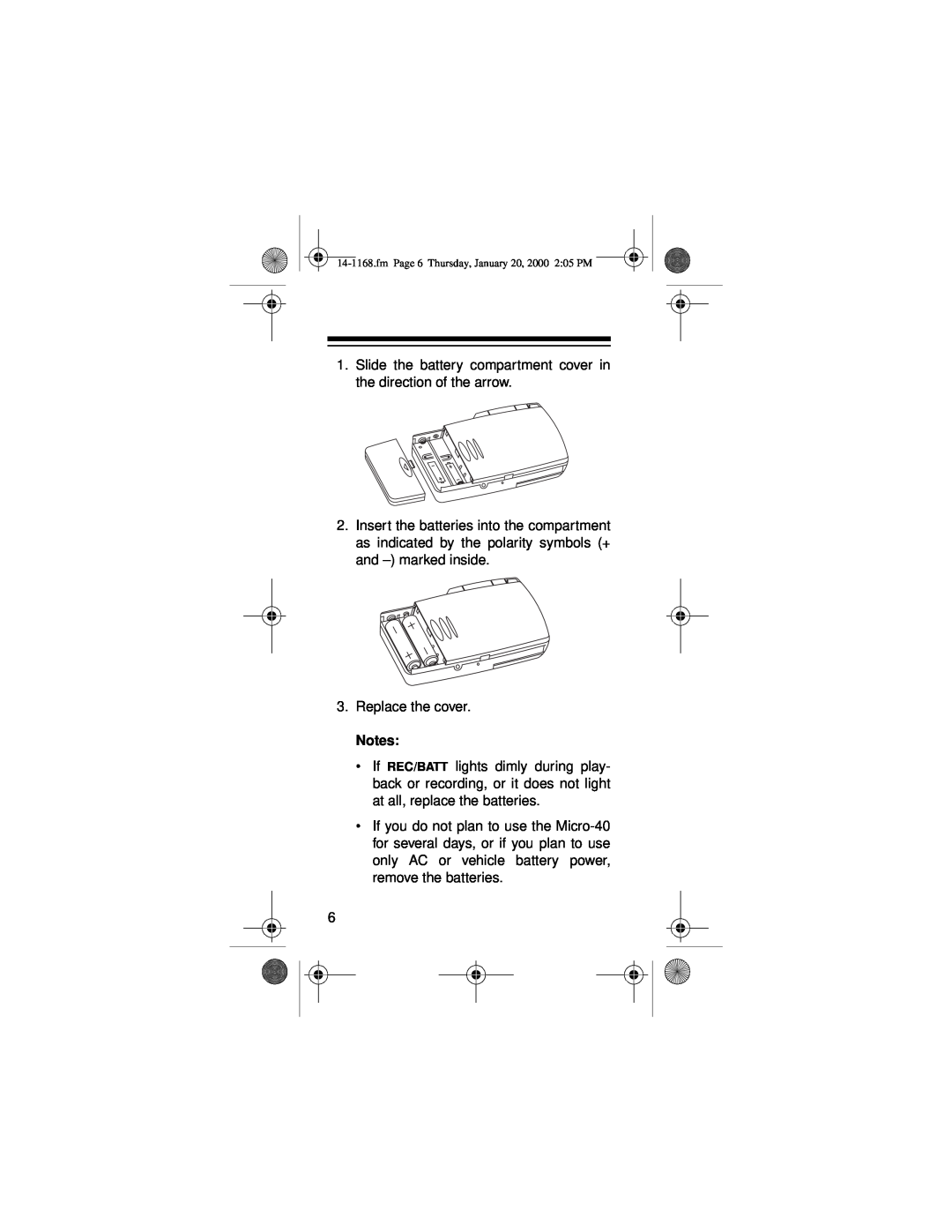 Optimus 14-1168, Micro-40 owner manual Slide the battery compartment cover in the direction of the arrow 
