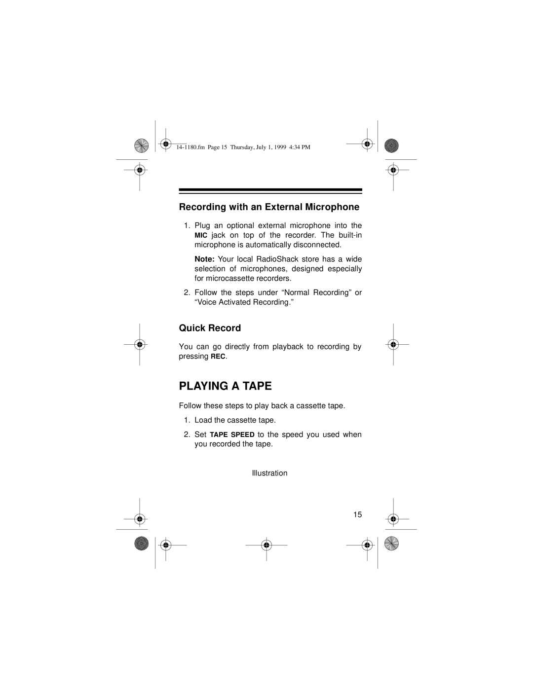 Optimus 14-1180 owner manual Playing a Tape, Recording with an External Microphone, Quick Record 