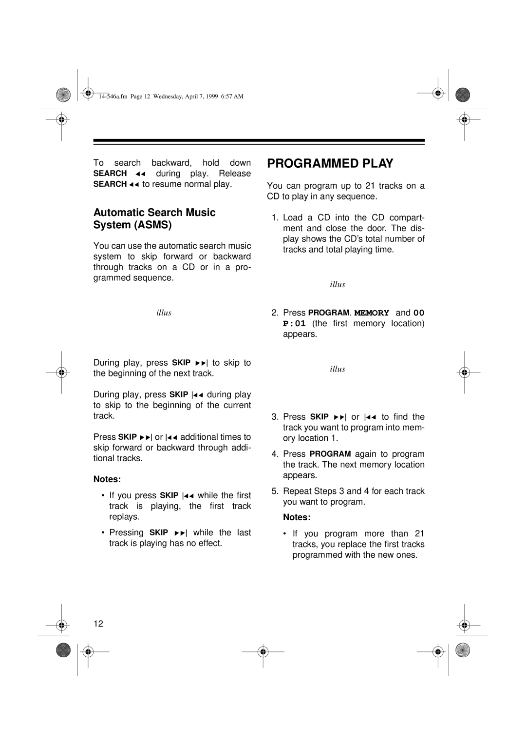 Optimus 14-546A, CD-3321 owner manual Programmed Play, Automatic Search Music System Asms 