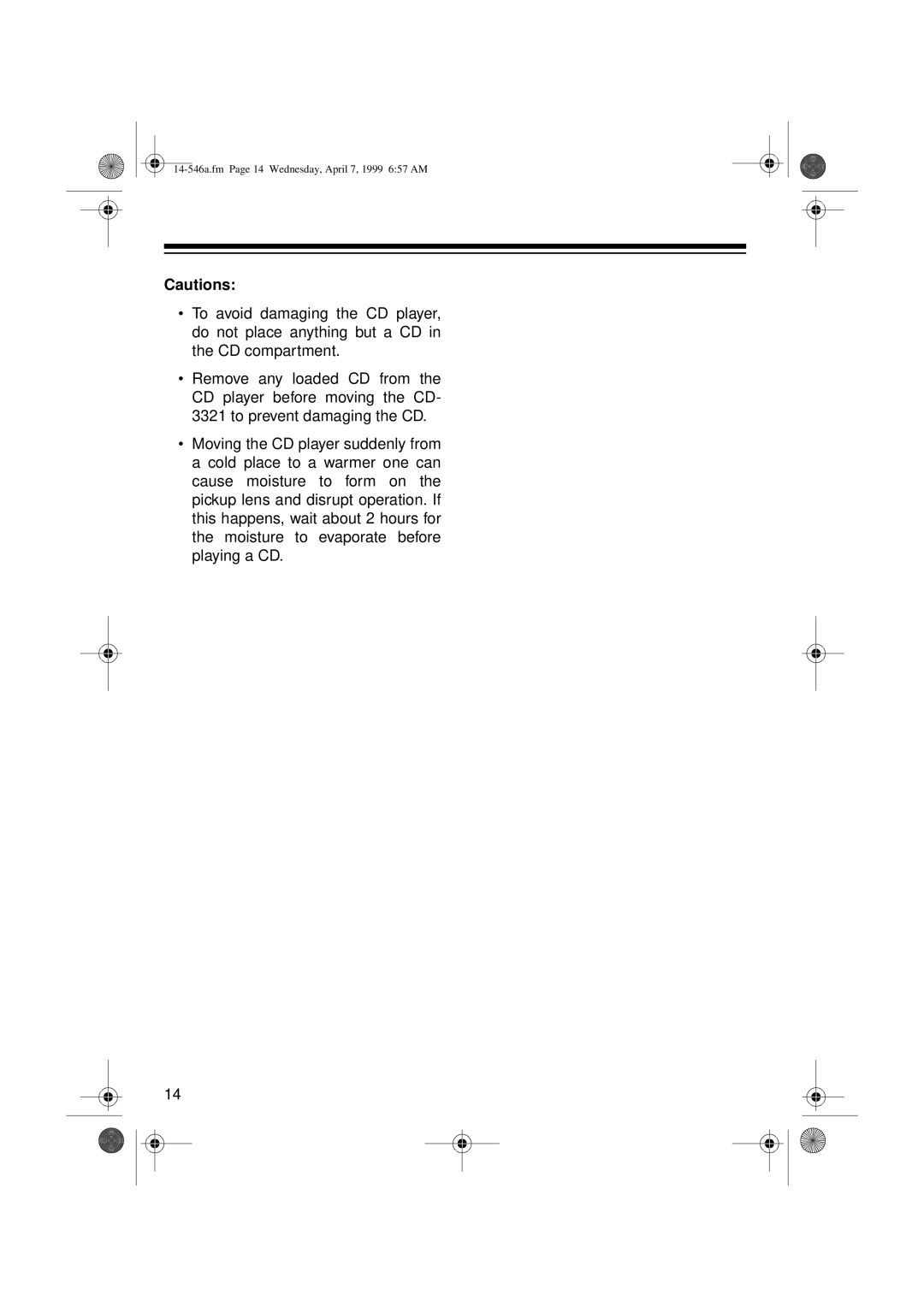 Optimus 14-546A, CD-3321 owner manual 14-546a.fm Page 14 Wednesday, April 7, 1999 657 AM 