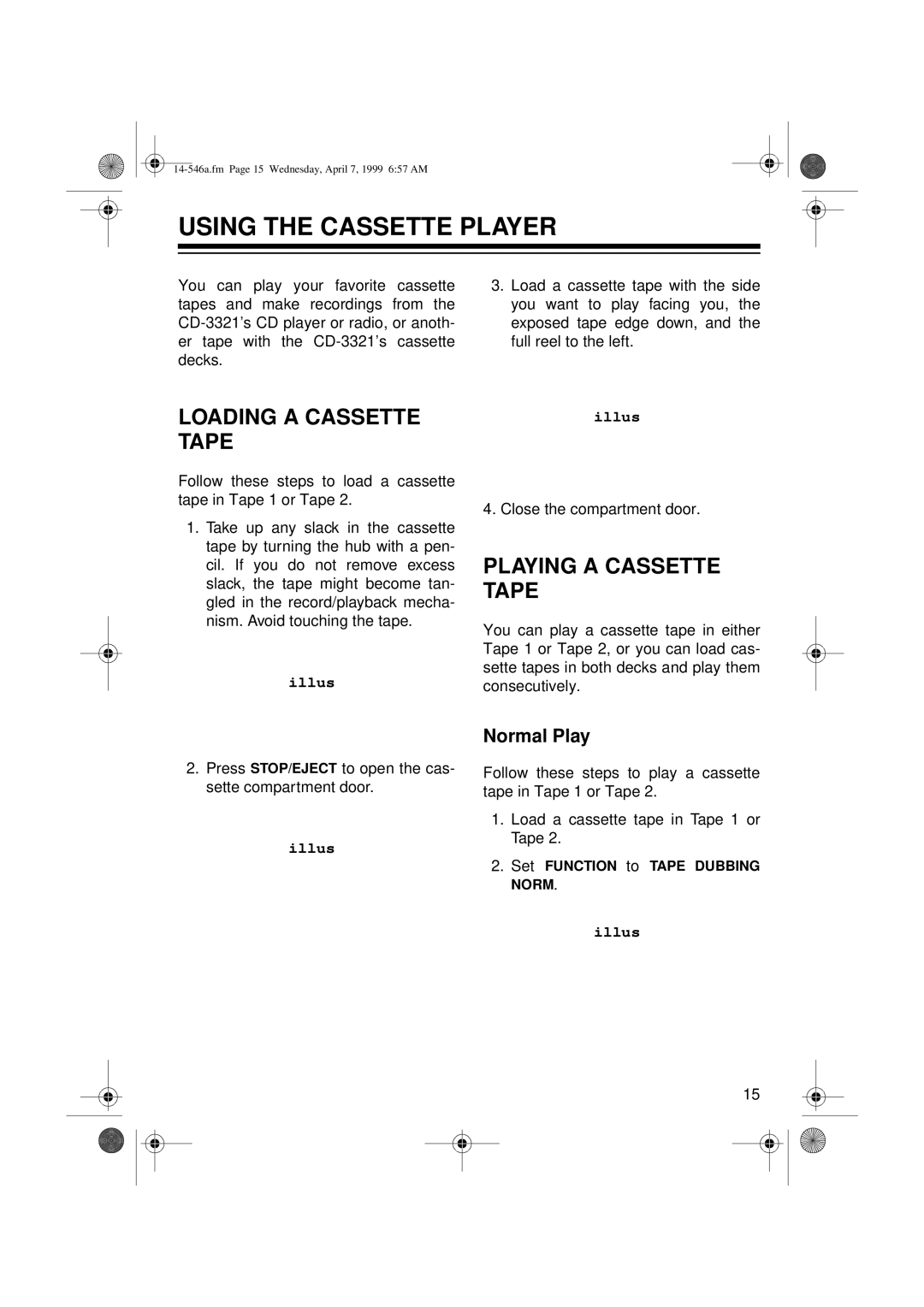 Optimus CD-3321, 14-546A Using the Cassette Player, Loading a Cassette Tape, Playing a Cassette Tape, Normal Play 