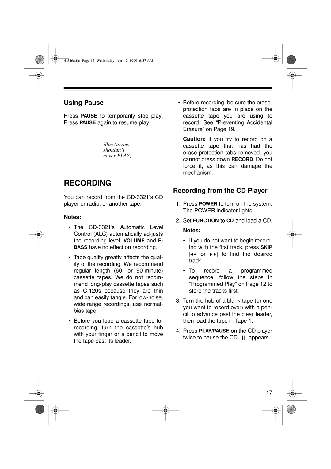 Optimus CD-3321, 14-546A owner manual Using Pause, Recording from the CD Player 