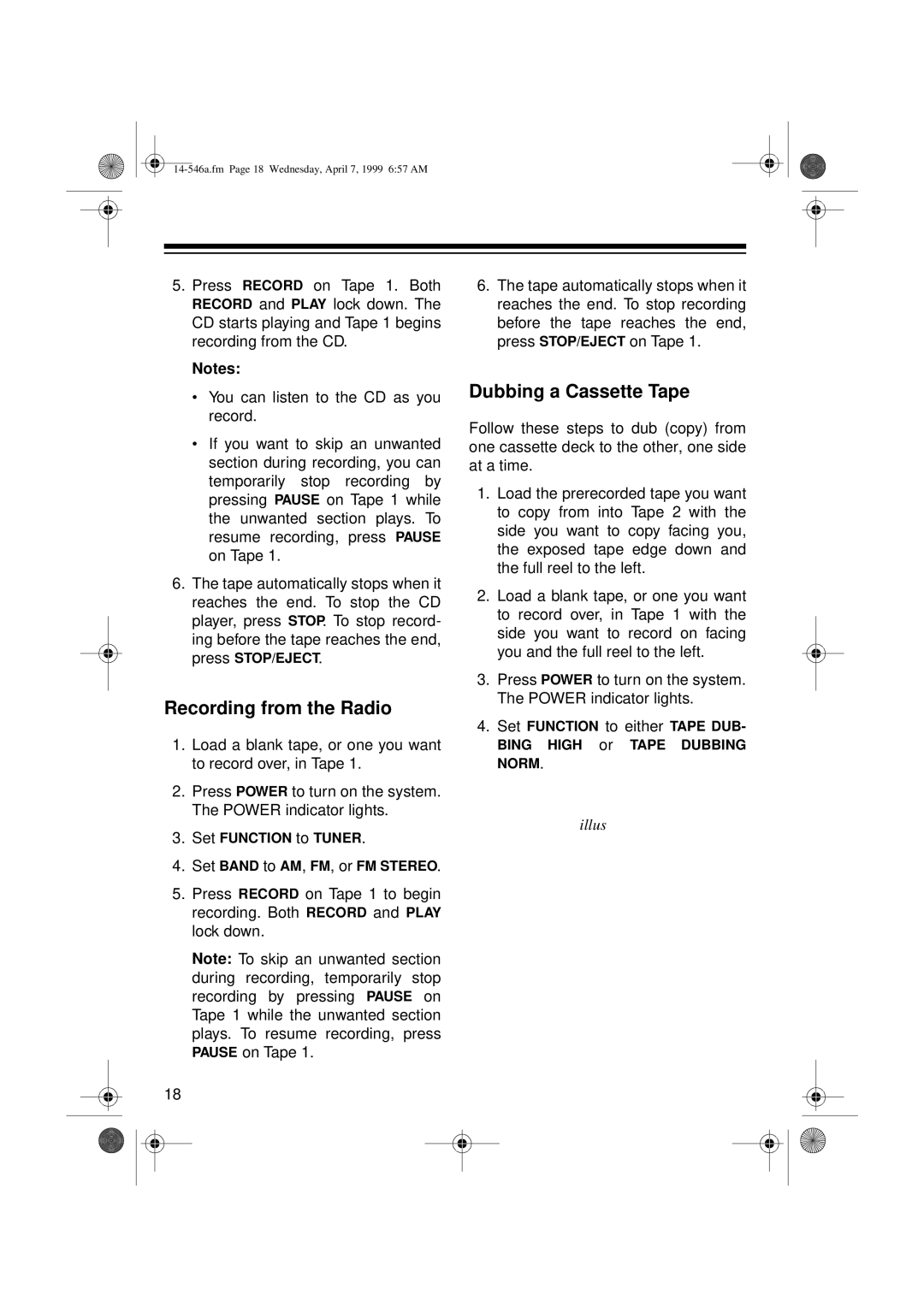 Optimus 14-546A, CD-3321 owner manual Recording from the Radio, Dubbing a Cassette Tape 