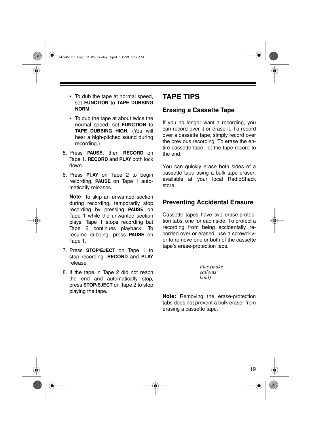 Optimus CD-3321, 14-546A owner manual Tape Tips, Erasing a Cassette Tape, Preventing Accidental Erasure 