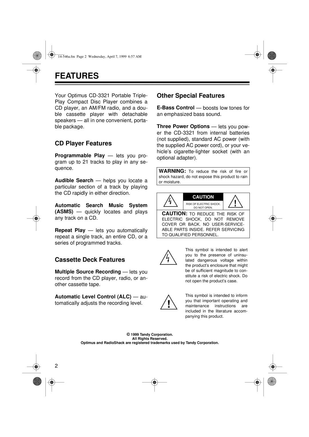 Optimus 14-546A, CD-3321 owner manual CD Player Features, Cassette Deck Features, Other Special Features 