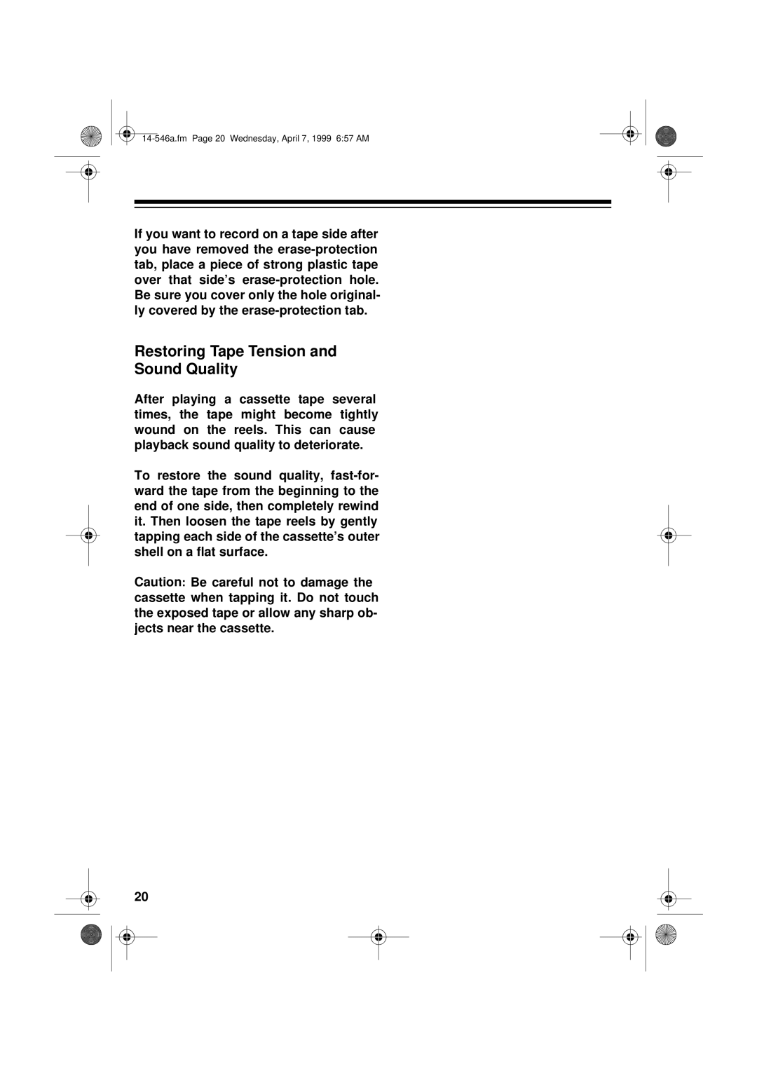 Optimus 14-546A, CD-3321 owner manual Restoring Tape Tension and Sound Quality 