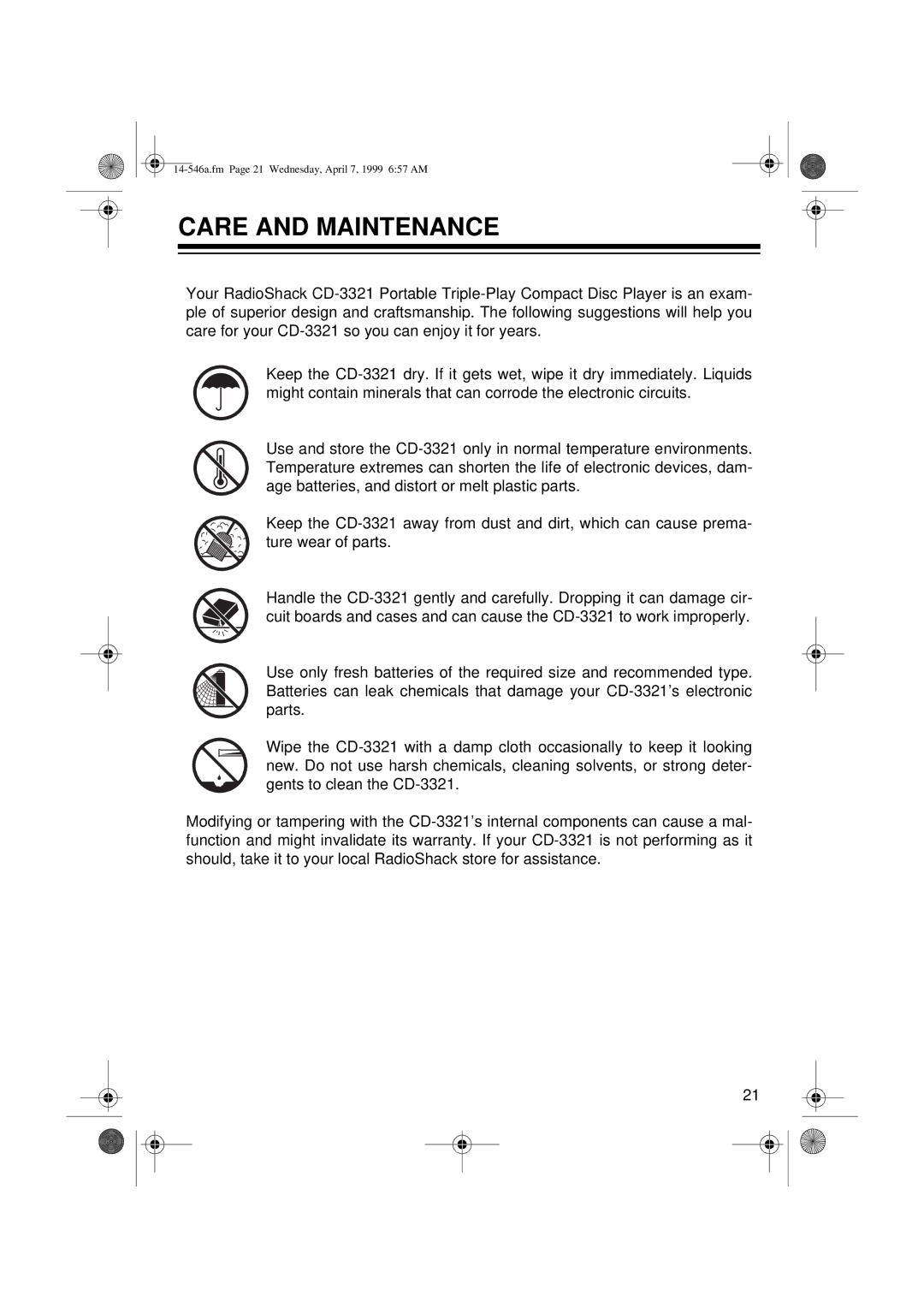 Optimus CD-3321, 14-546A owner manual Care and Maintenance 