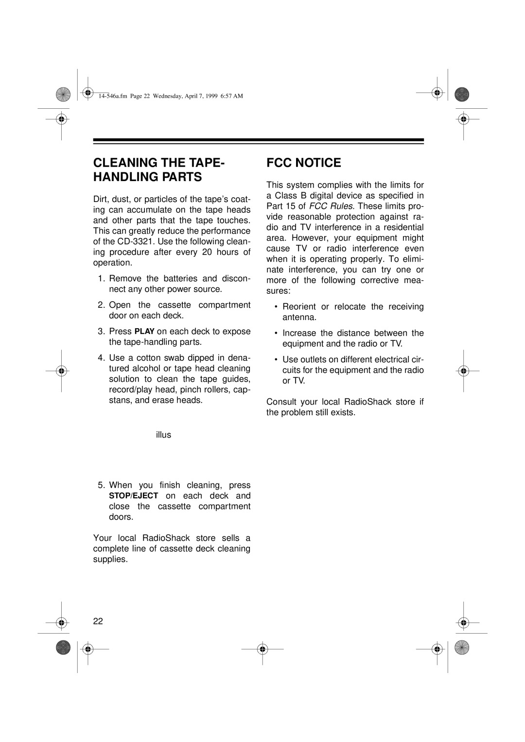 Optimus 14-546A, CD-3321 owner manual FCC Notice, Cleaning the TAPE- Handling Parts 