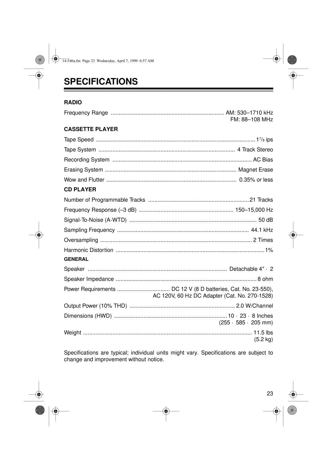 Optimus CD-3321, 14-546A owner manual Specifications, Cassette Player 