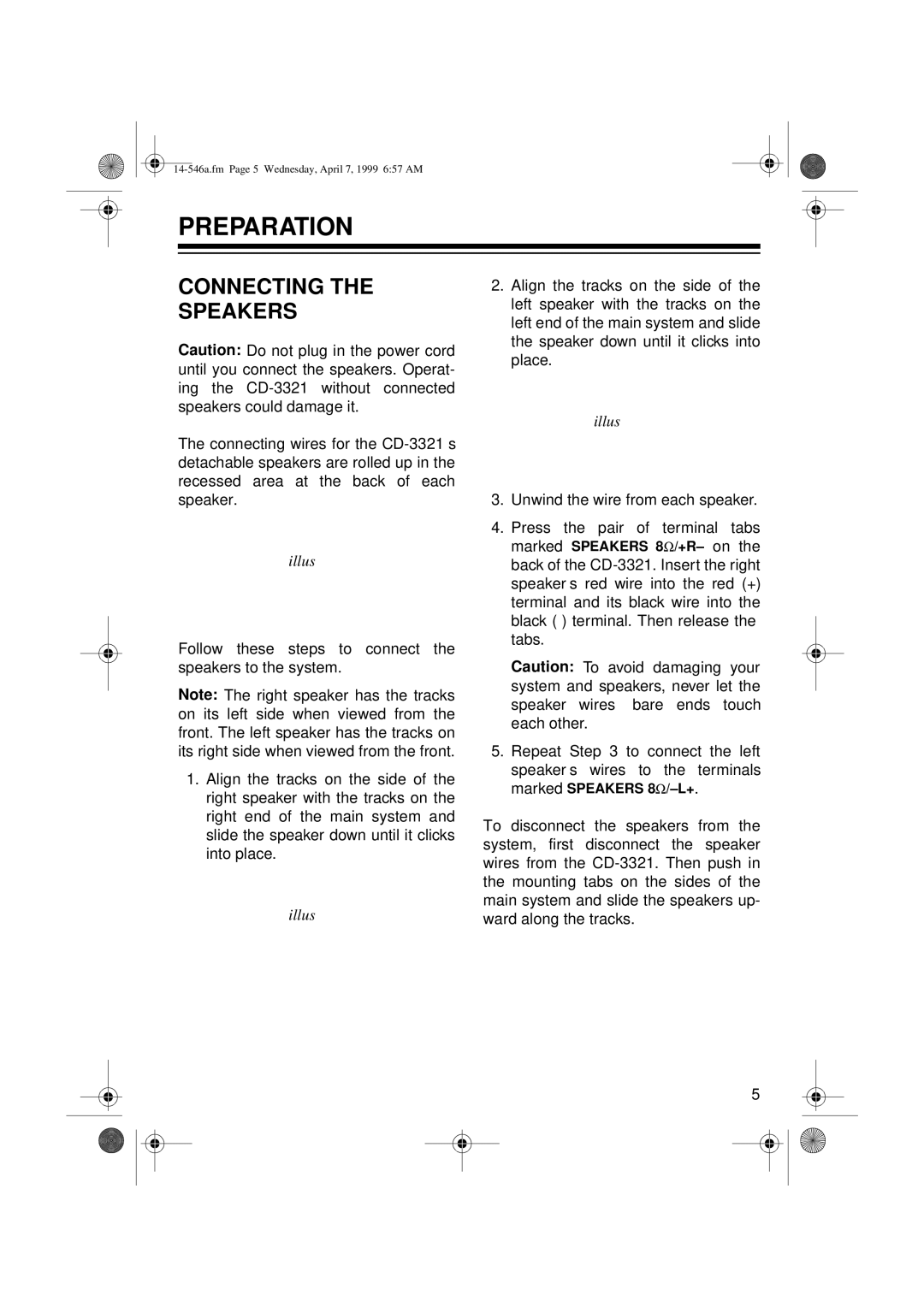 Optimus CD-3321, 14-546A owner manual Preparation, Connecting Speakers 