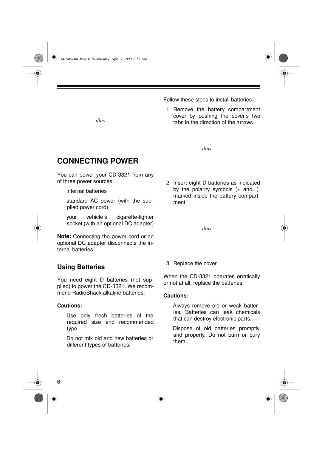 Optimus 14-546A, CD-3321 owner manual Connecting Power, Using Batteries 