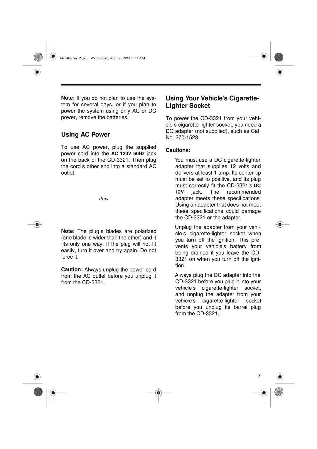 Optimus CD-3321, 14-546A owner manual Using AC Power, Using Your Vehicle’s Cigarette- Lighter Socket 