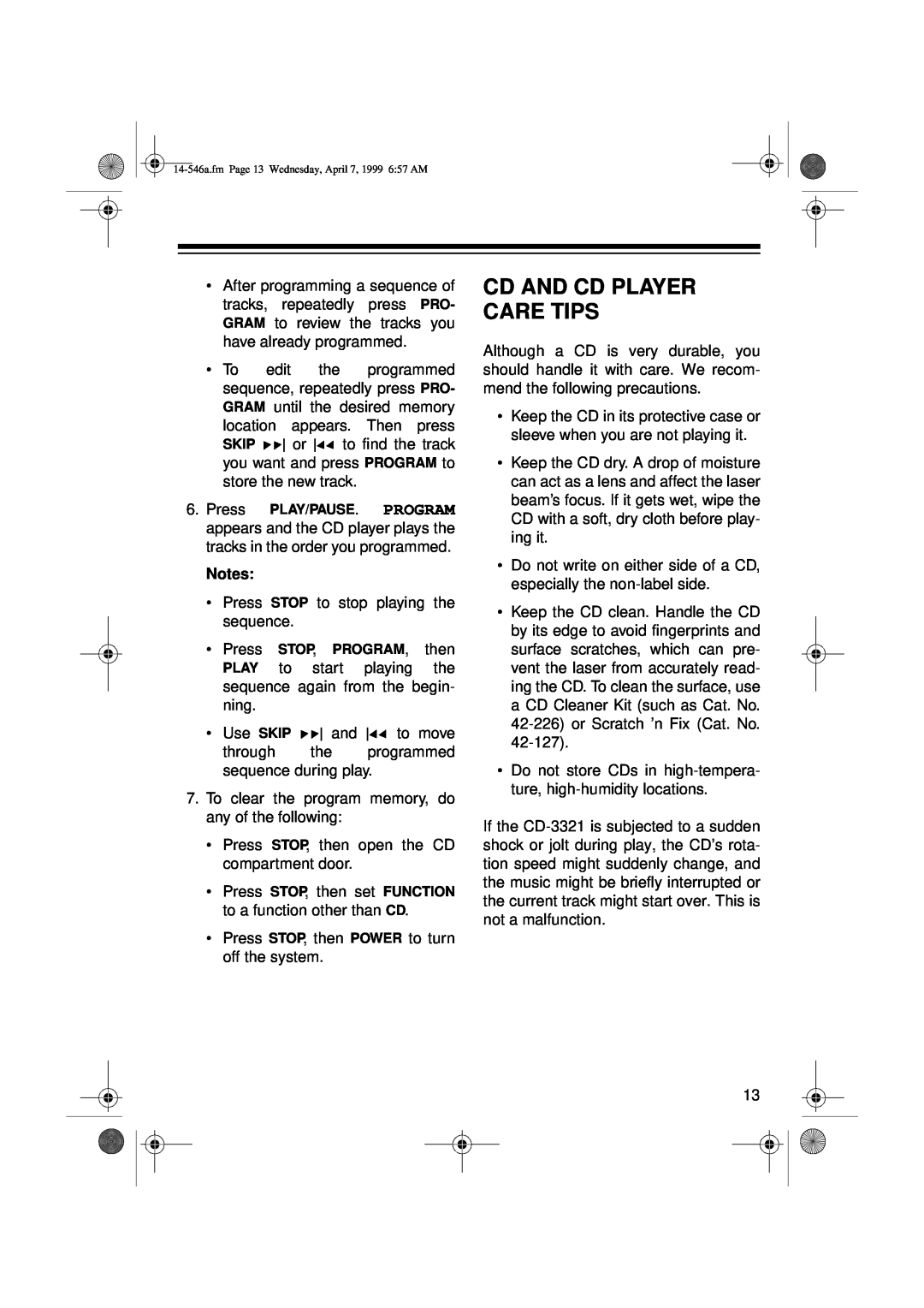 Optimus CD-3321, 14-546A owner manual Cd And Cd Player Care Tips 
