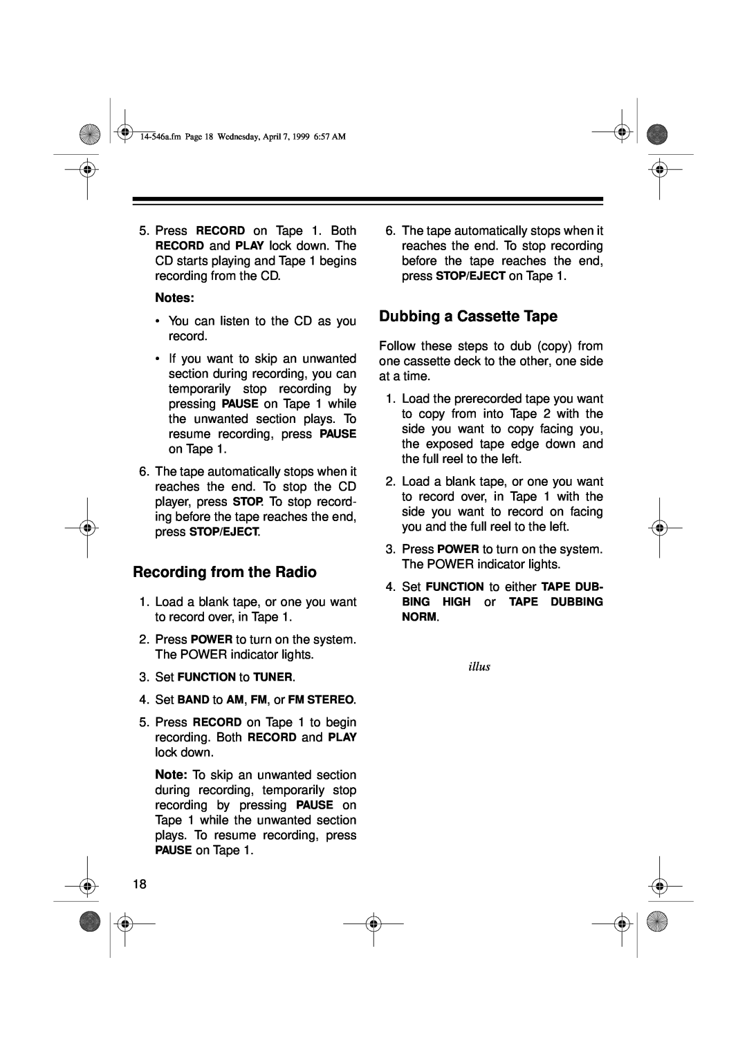 Optimus 14-546A, CD-3321 owner manual Recording from the Radio, Dubbing a Cassette Tape, illus 