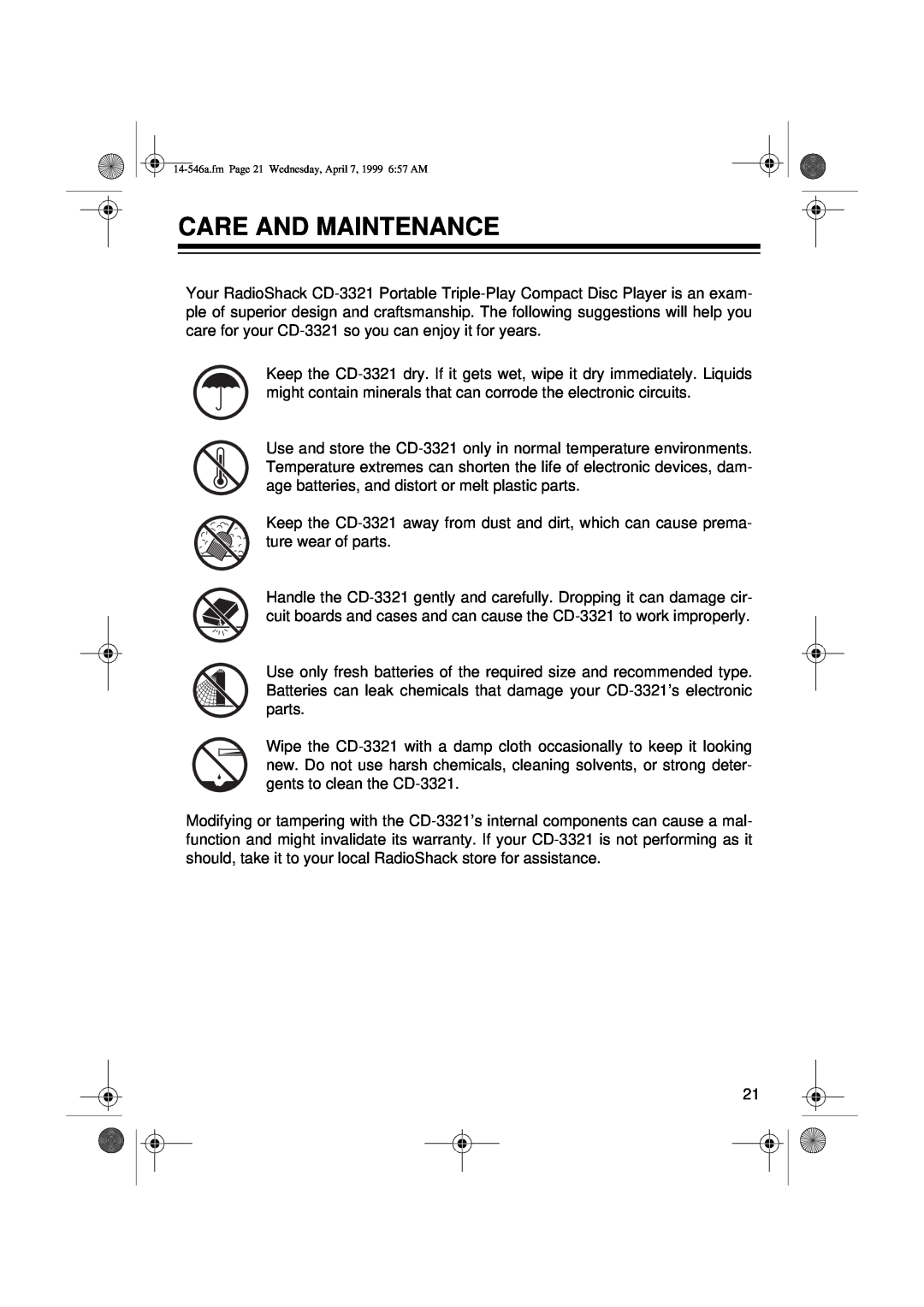 Optimus CD-3321, 14-546A owner manual Care And Maintenance 