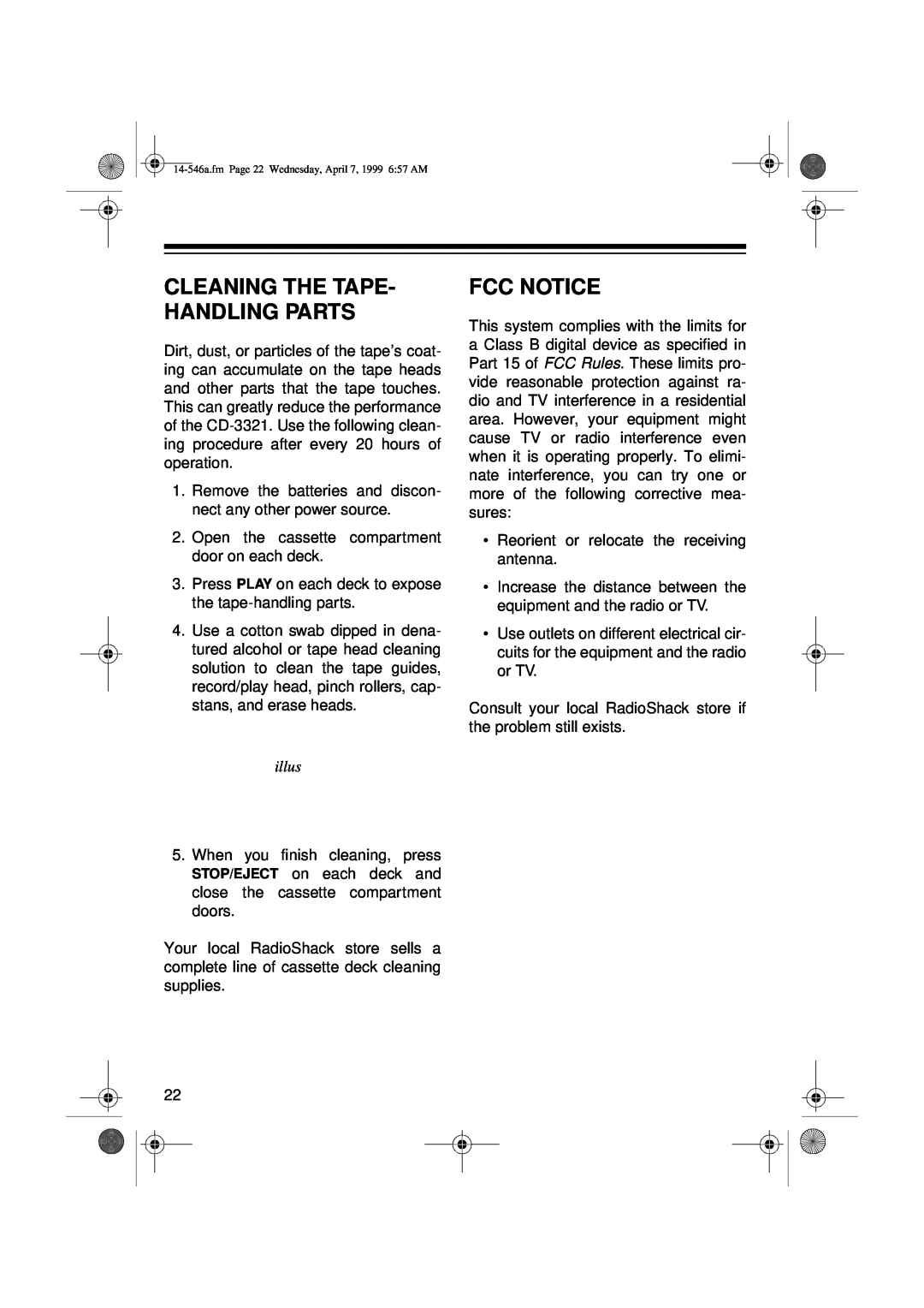 Optimus 14-546A, CD-3321 owner manual Fcc Notice, Cleaning The Tape- Handling Parts, illus 