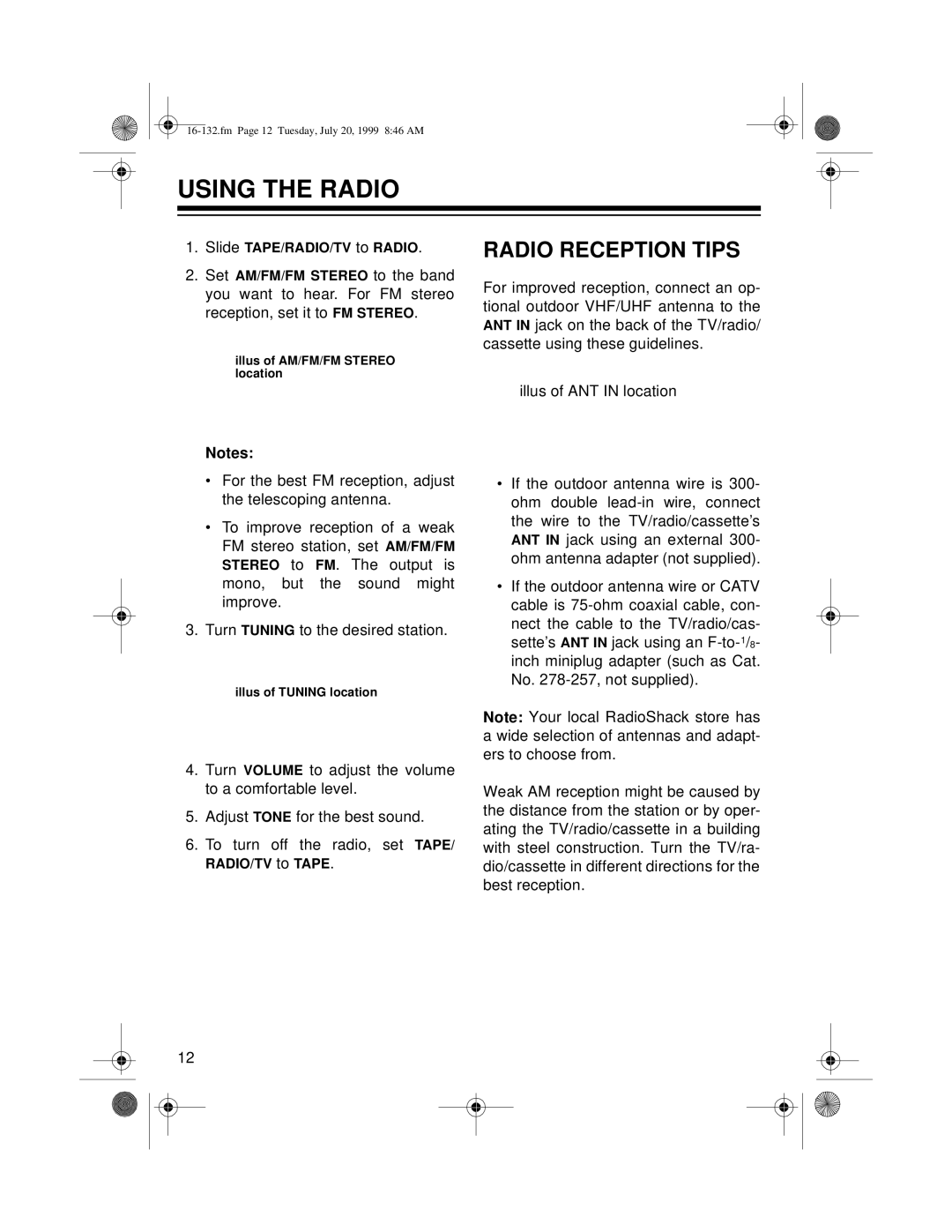 Optimus 16-132 owner manual Using The Radio, Radio Reception Tips 