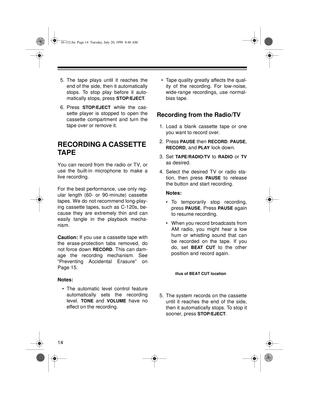 Optimus 16-132 owner manual Recording A Cassette Tape, Recording from the Radio/TV 