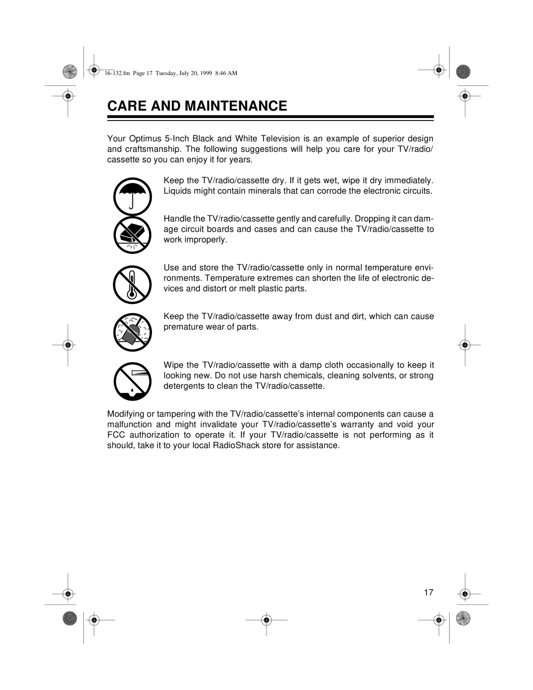 Optimus 16-132 owner manual Care And Maintenance, fm Page 17 Tuesday, July 20, 1999 846 AM 