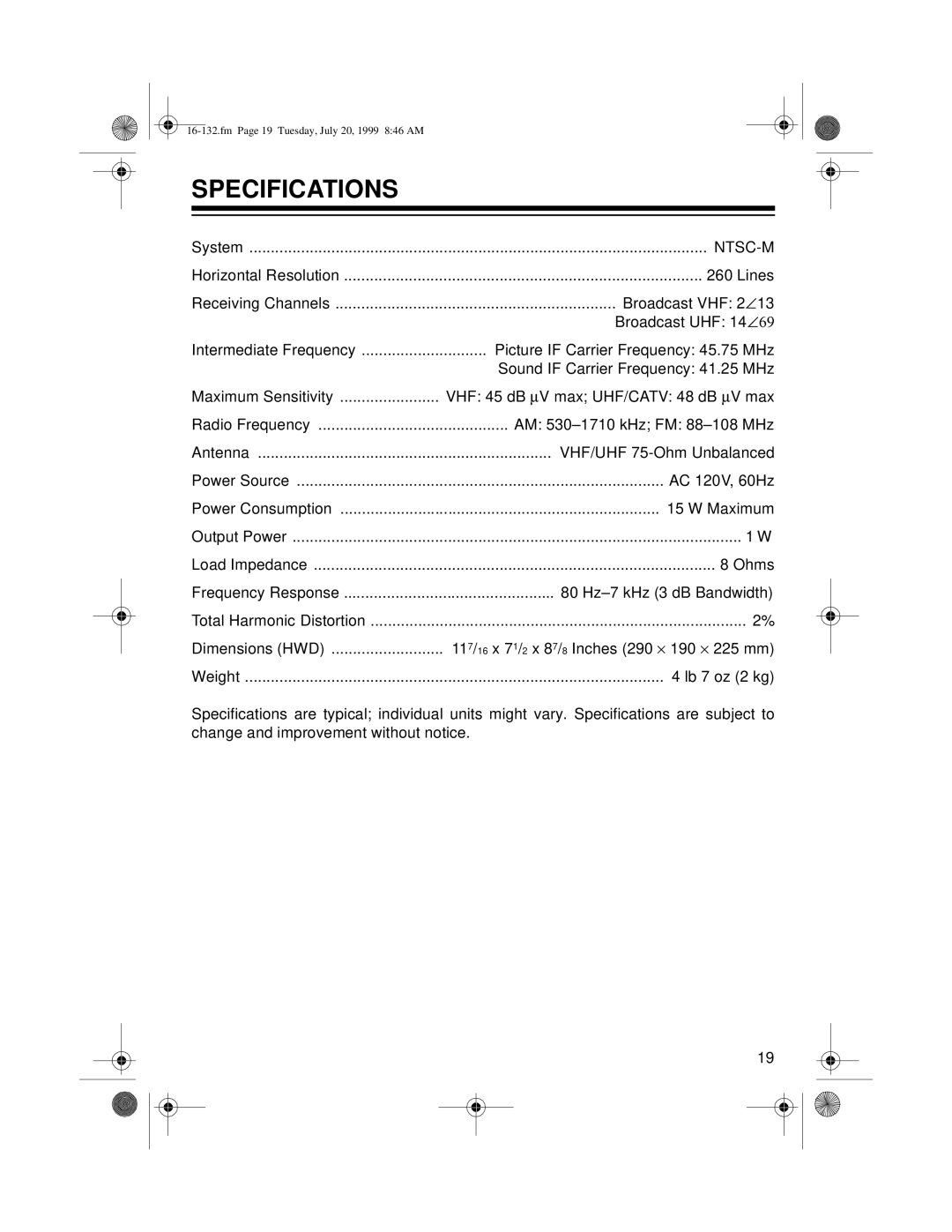 Optimus 16-132 owner manual Specifications 