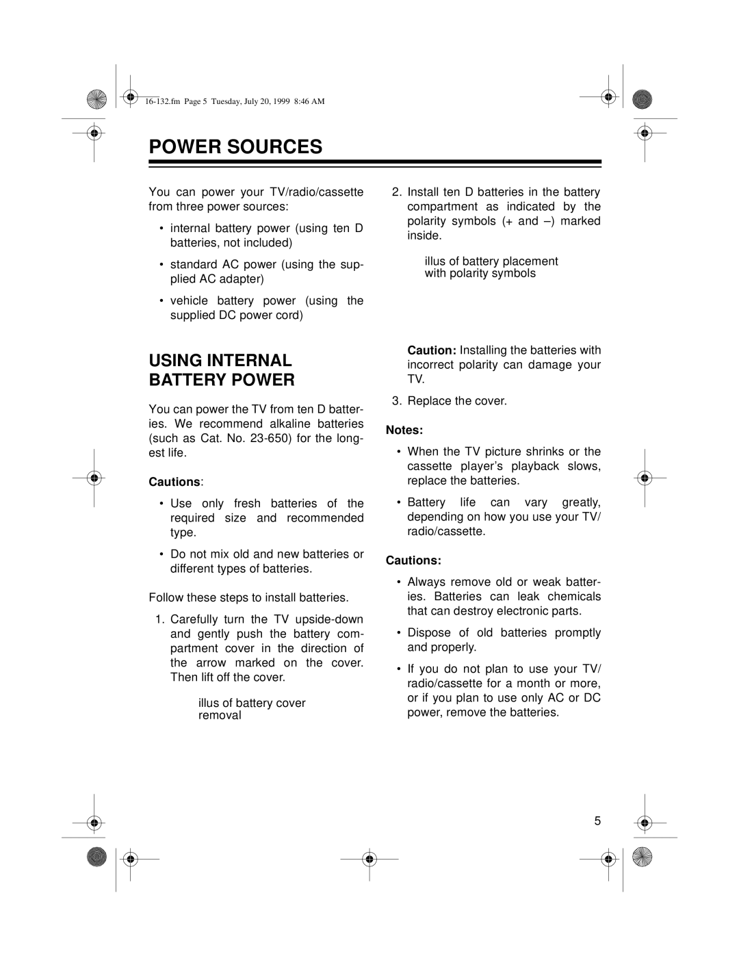 Optimus 16-132 owner manual Power Sources, Using Internal Battery Power 