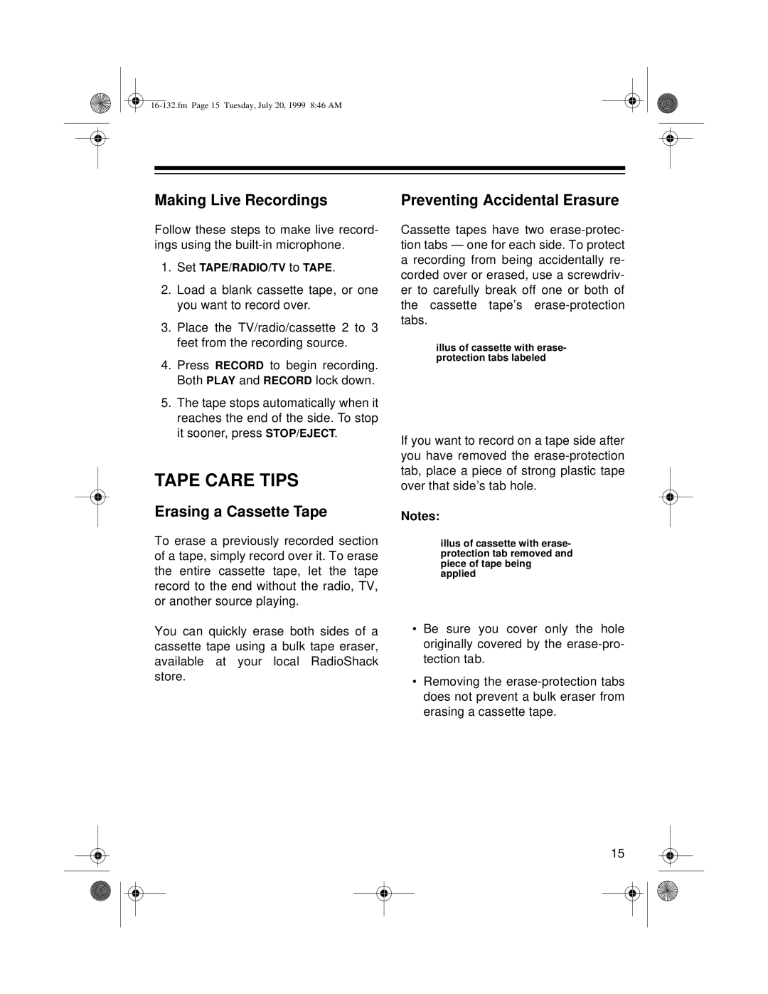 Optimus 16-132 owner manual Tape Care Tips, Making Live Recordings, Erasing a Cassette Tape Preventing Accidental Erasure 