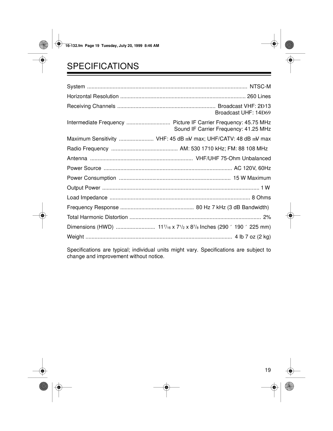 Optimus 16-132 owner manual Specifications, Ntsc-M 