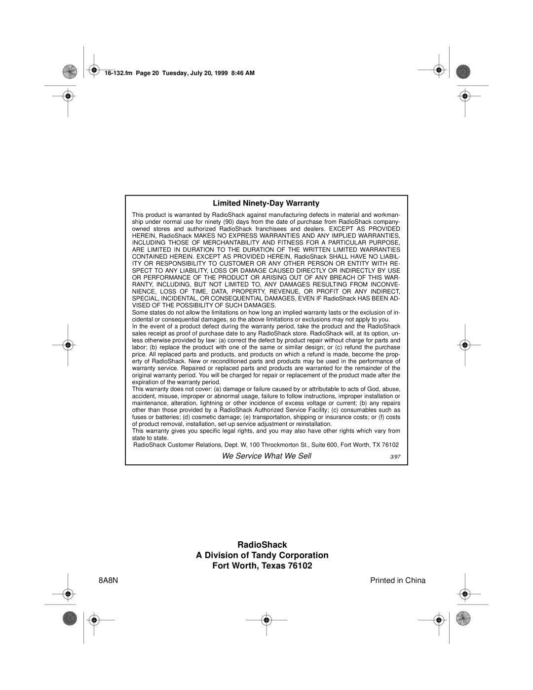 Optimus 16-132 owner manual RadioShack Division of Tandy Corporation Fort Worth, Texas 