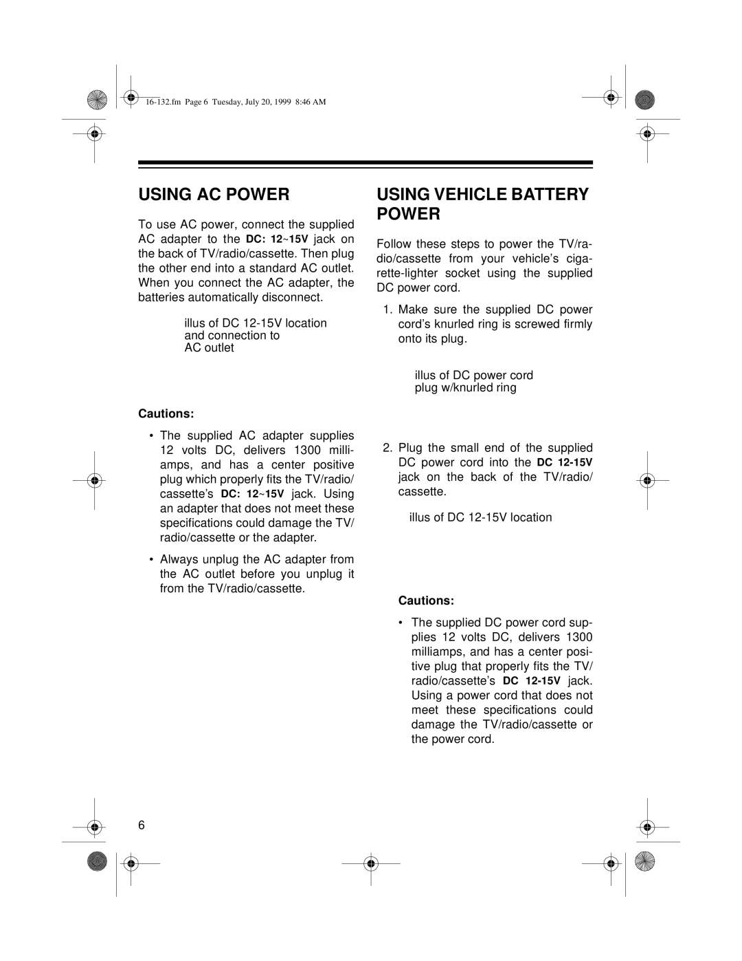 Optimus 16-132 owner manual Using AC Power, Using Vehicle Battery Power 