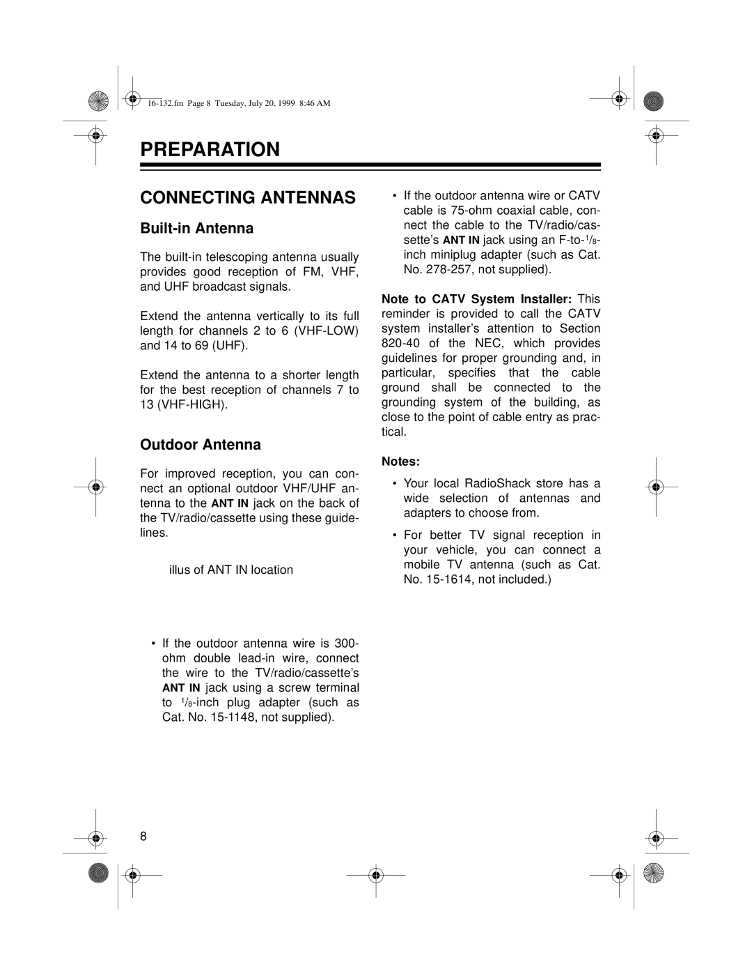 Optimus 16-132 owner manual Preparation, Connecting Antennas, Built-in Antenna, Outdoor Antenna 