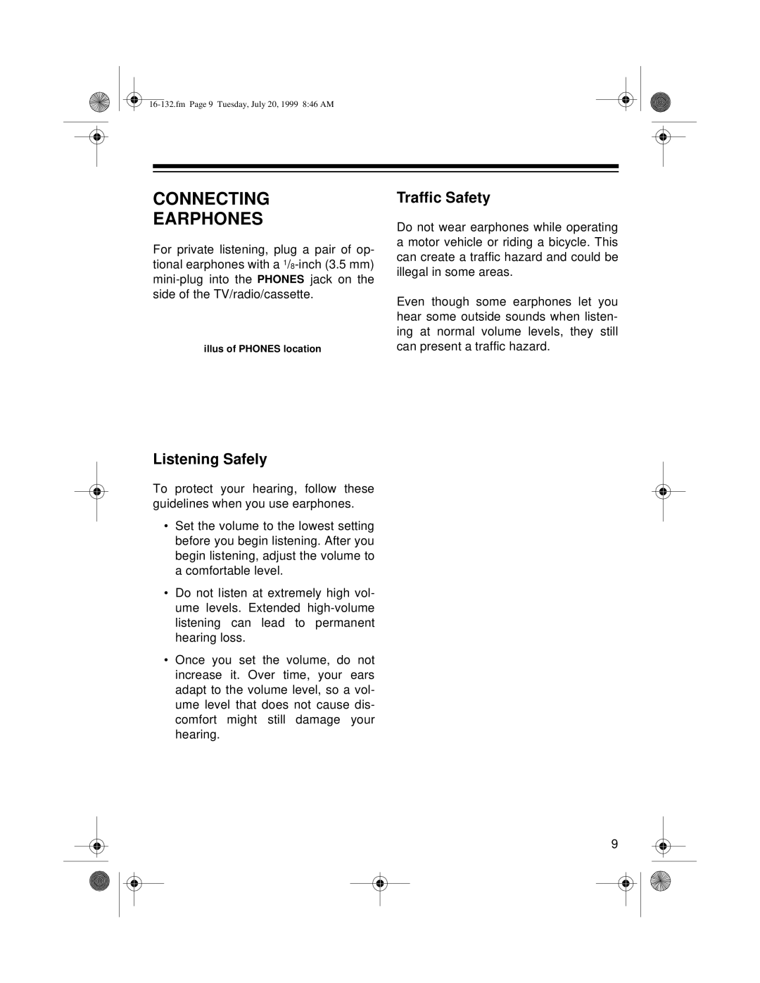 Optimus 16-132 owner manual Connecting Earphones, Traffic Safety, Listening Safely 