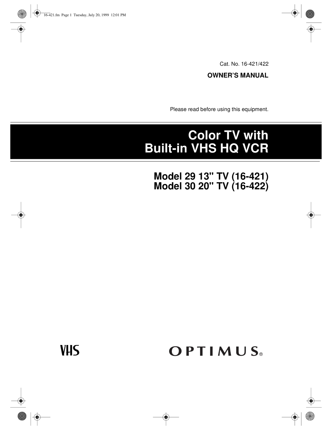 Optimus 16-422, 16-421 owner manual Color TV with Built-in VHS HQ VCR 