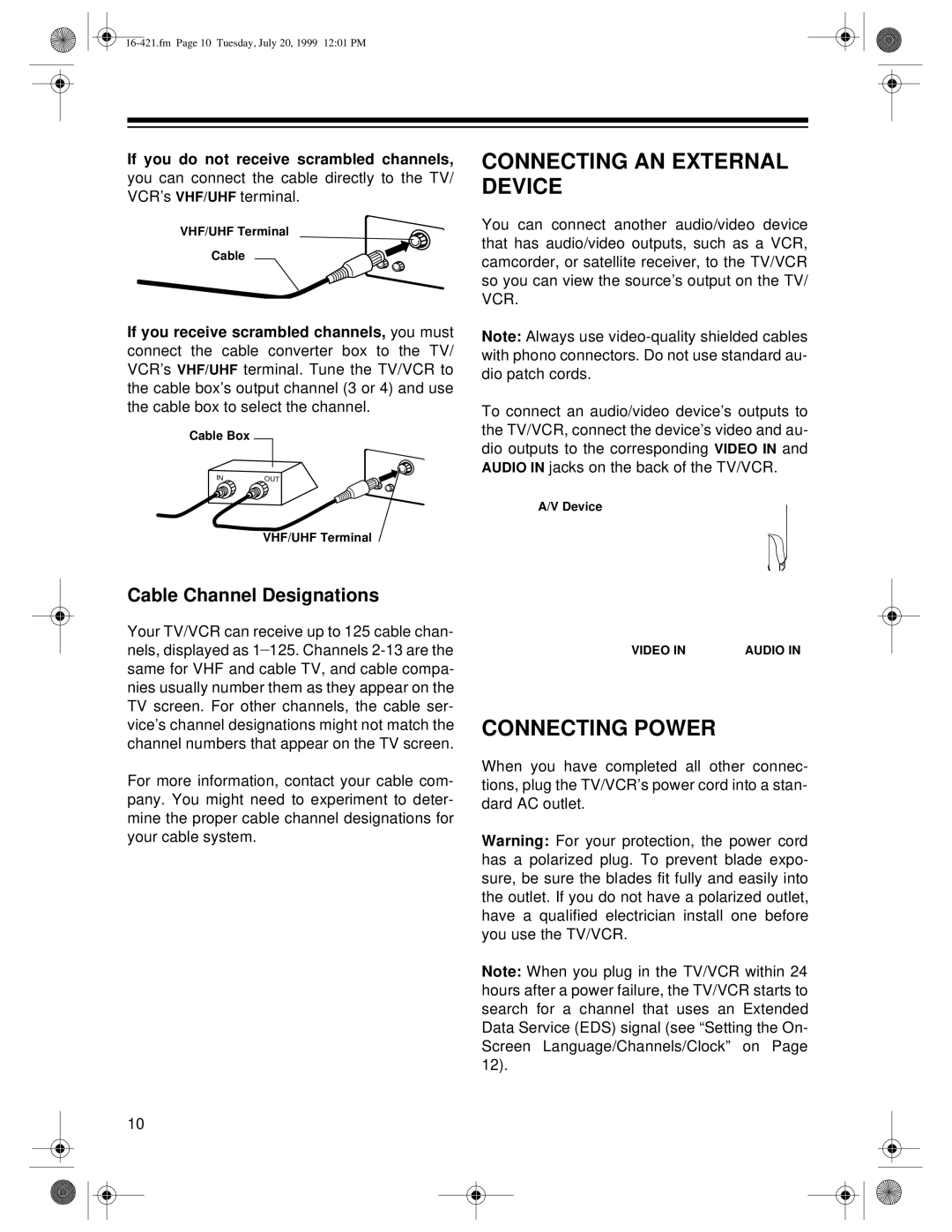 Optimus 16-421, 16-422 owner manual Connecting AN External Device, Connecting Power, Cable Channel Designations 