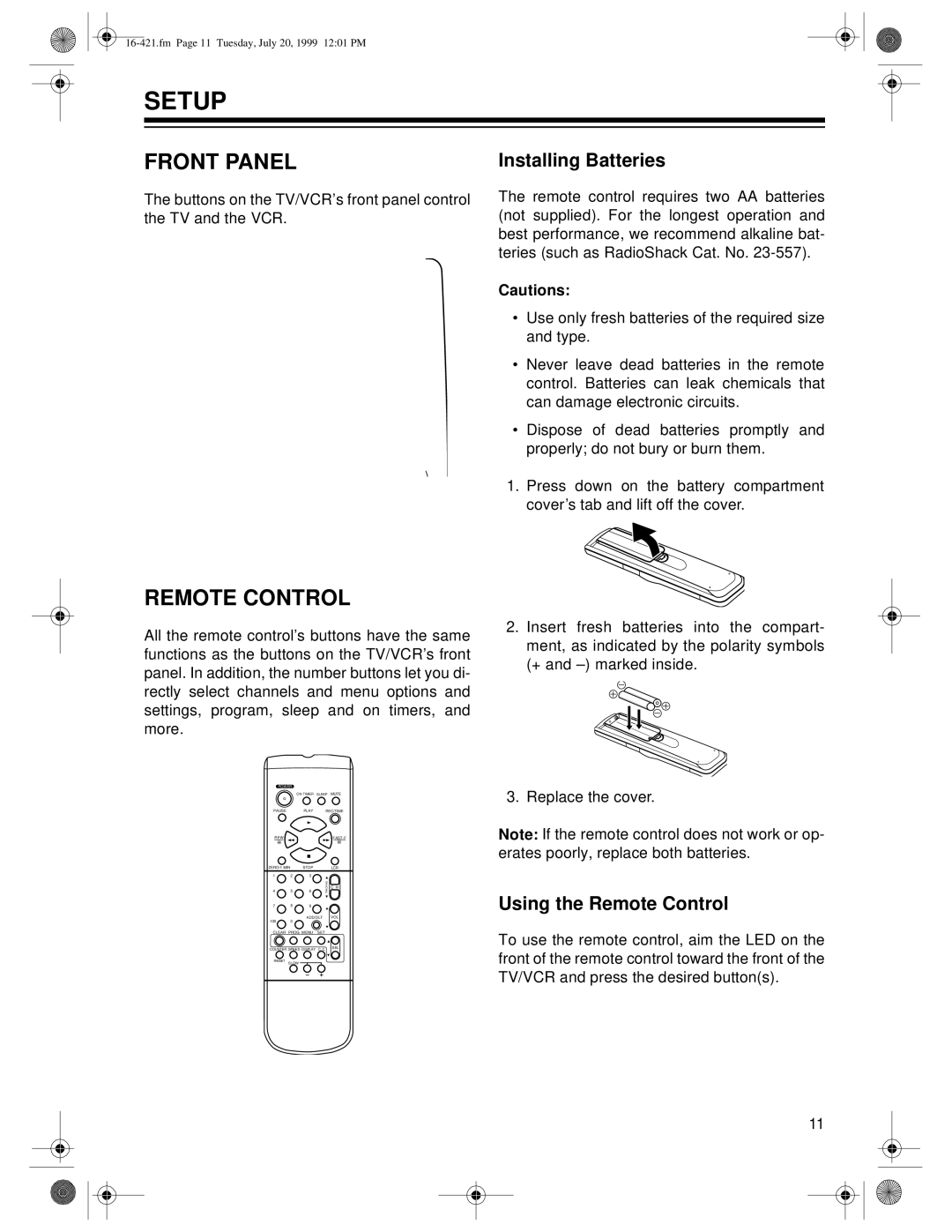 Optimus 16-422, 16-421 owner manual Setup, Front Panel, Installing Batteries, Using the Remote Control 