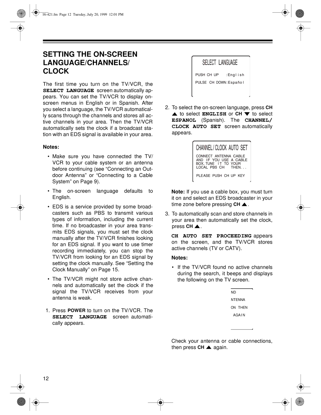 Optimus 16-421, 16-422 owner manual Setting the ON-SCREEN LANGUAGE/CHANNELS/ Clock 