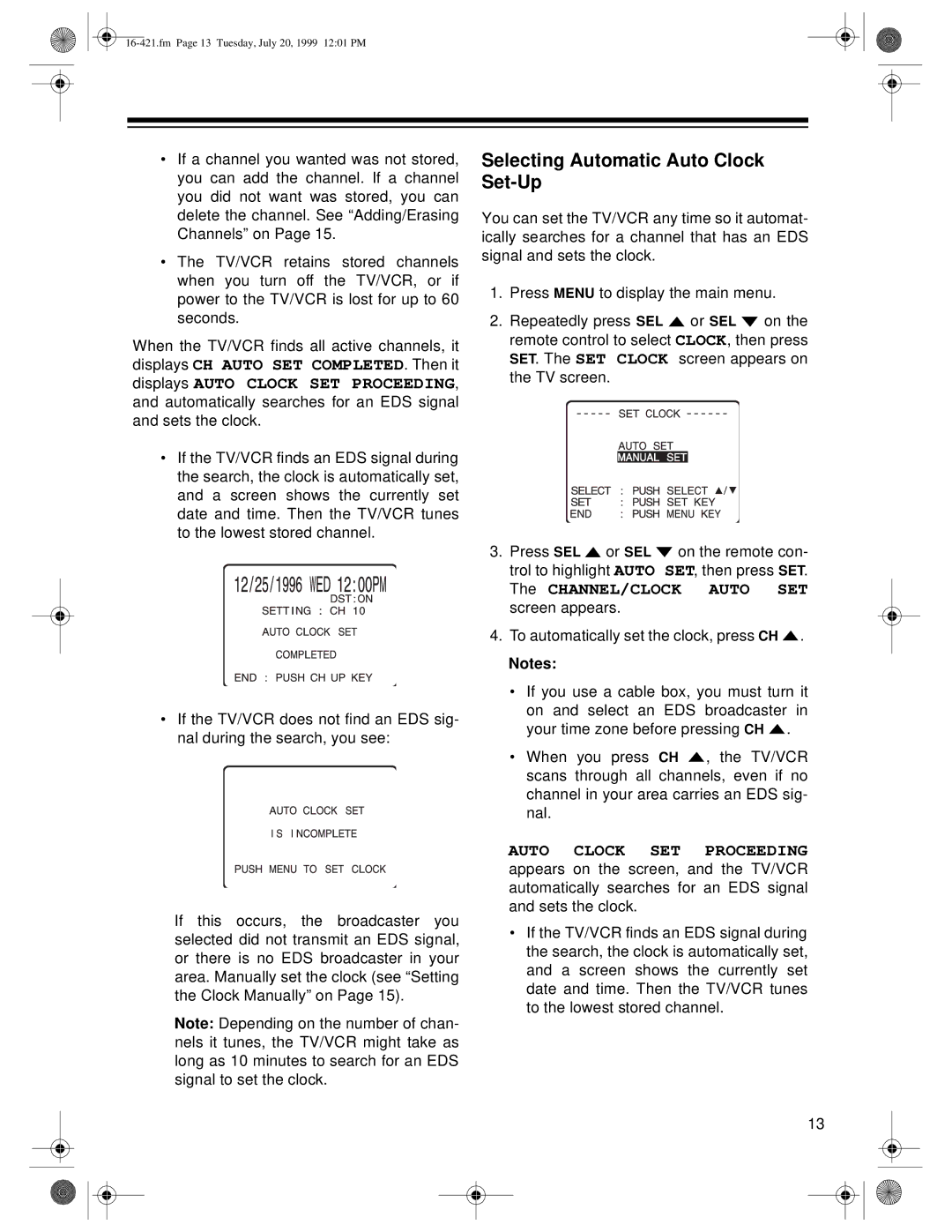 Optimus 16-422, 16-421 owner manual Selecting Automatic Auto Clock Set-Up, Auto Clock SET Proceeding 