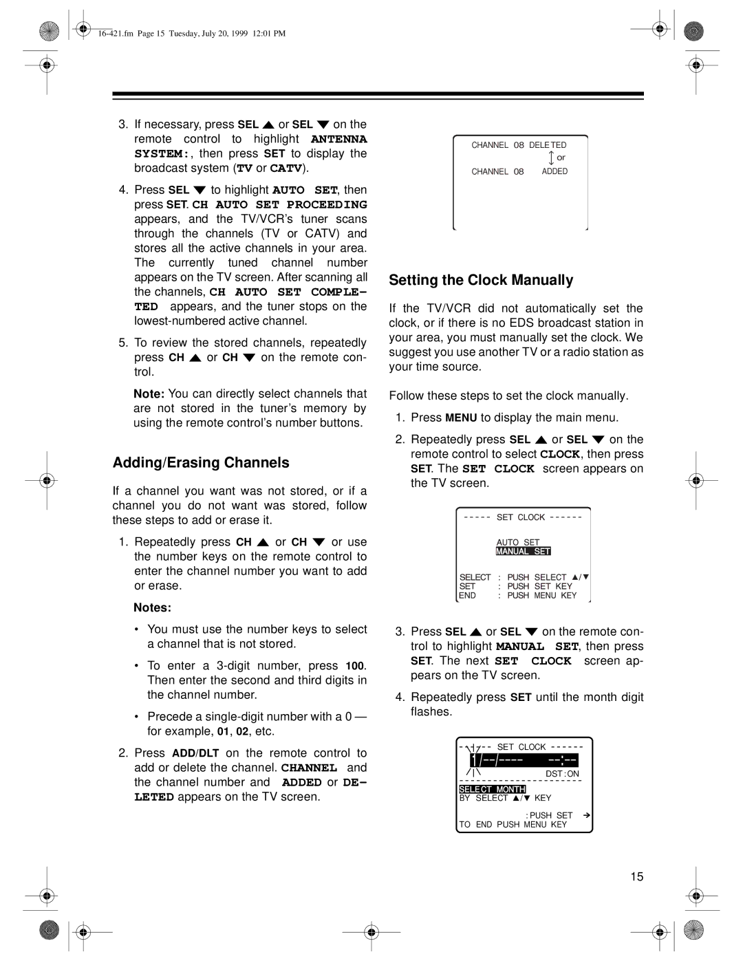 Optimus 16-422, 16-421 owner manual Adding/Erasing Channels, Setting the Clock Manually 