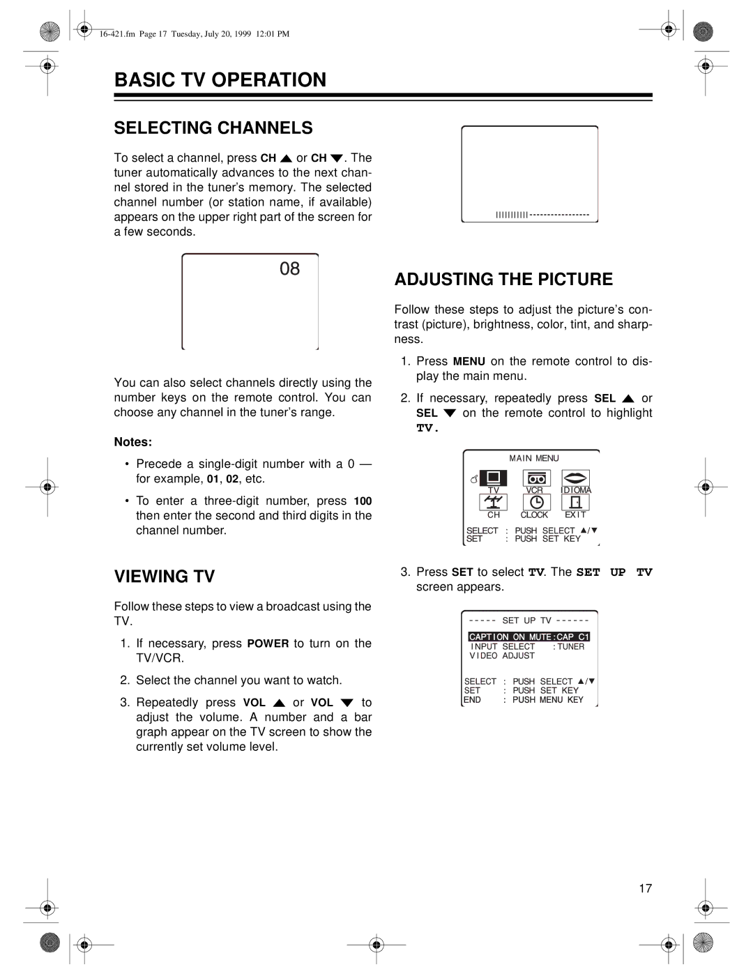 Optimus 16-422, 16-421 owner manual Basic TV Operation, Selecting Channels, Adjusting the Picture, Viewing TV 