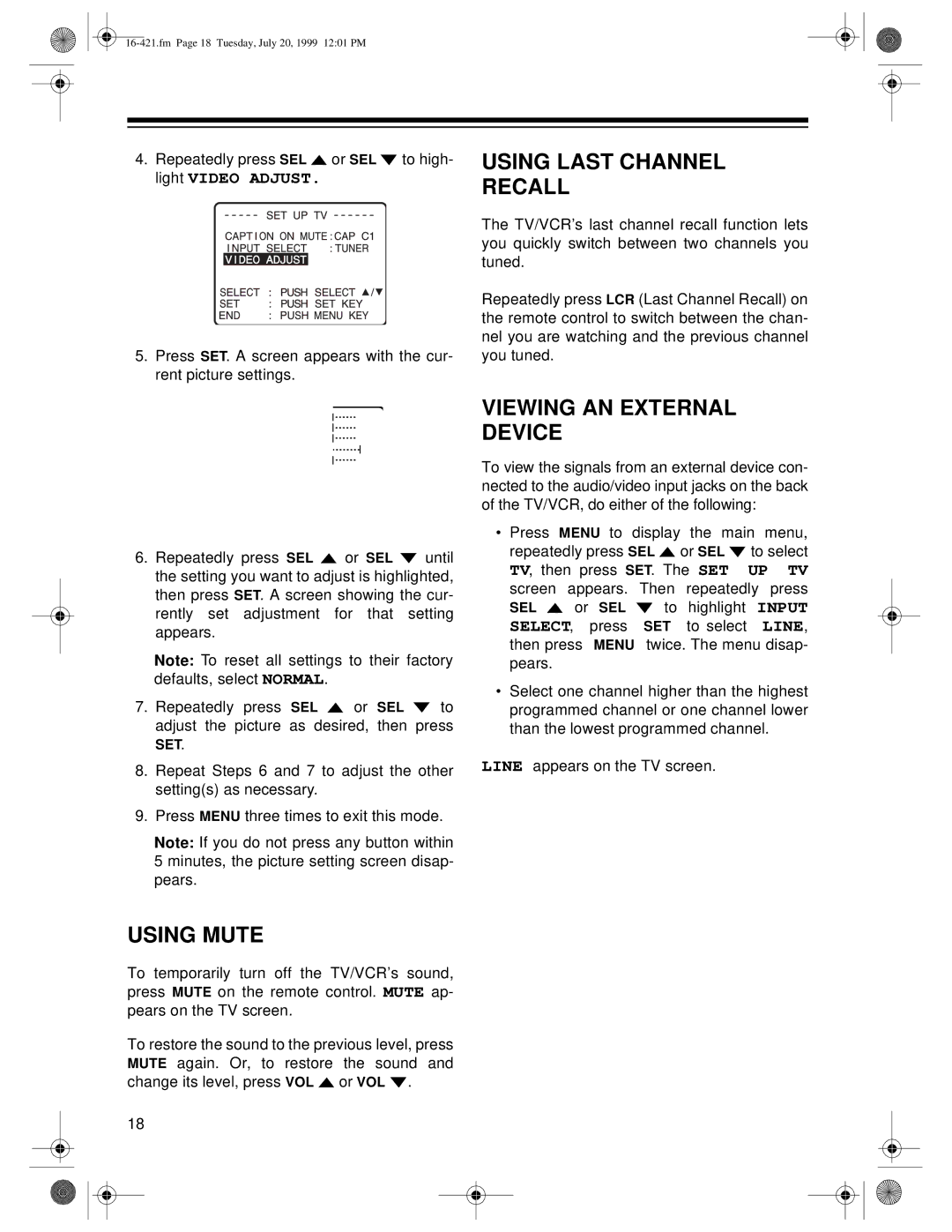 Optimus 16-421, 16-422 owner manual Using Last Channel Recall, Using Mute, Viewing AN External Device 