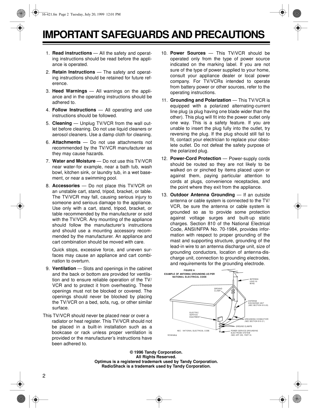 Optimus 16-421, 16-422 owner manual Important Safeguards and Precautions 