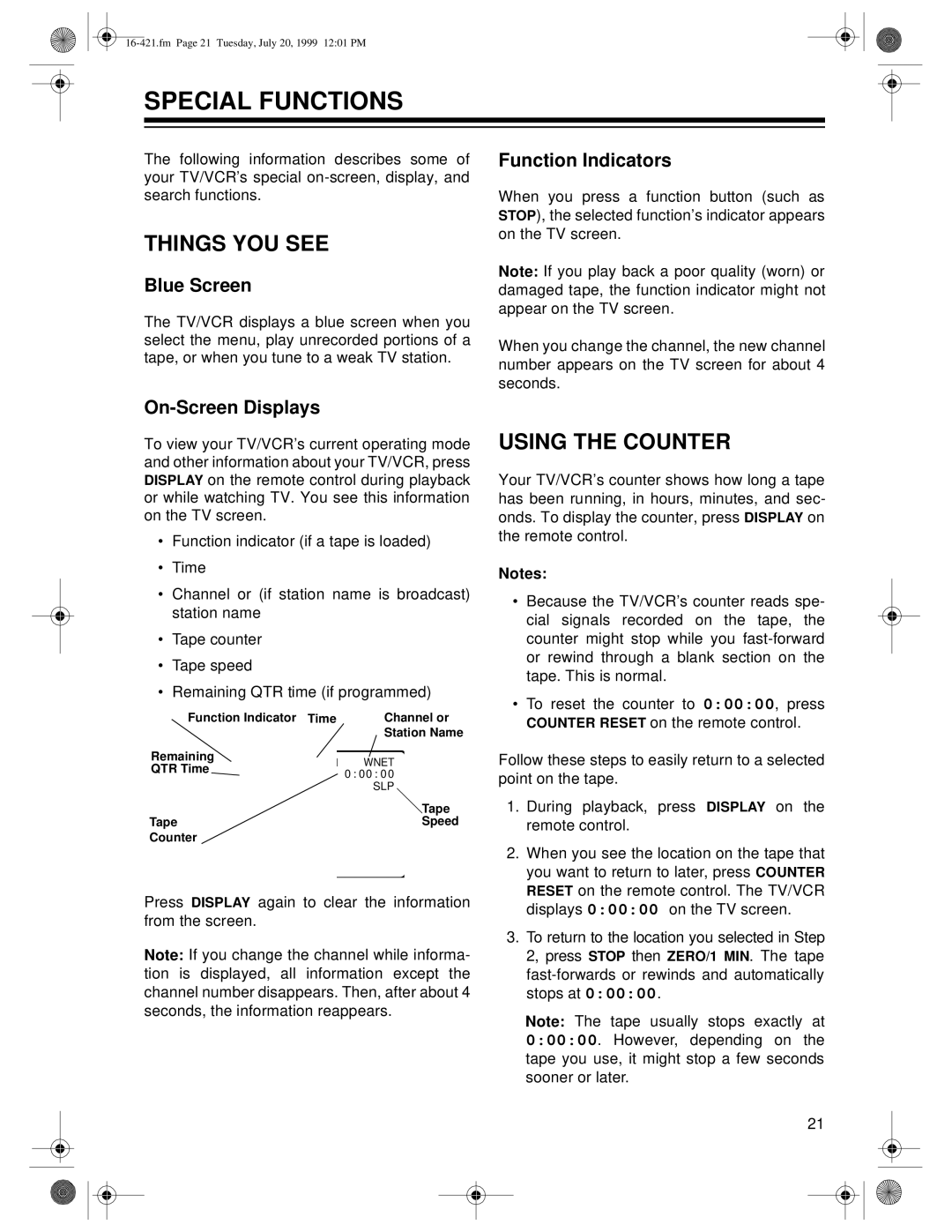 Optimus 16-422, 16-421 owner manual Special Functions, Things YOU see, Using the Counter 