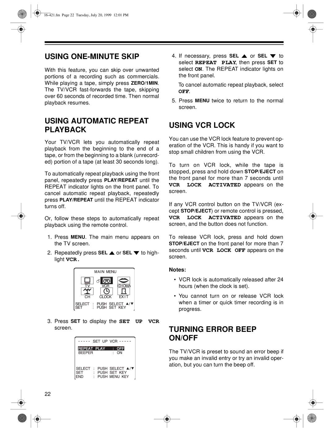 Optimus 16-421, 16-422 Using ONE-MINUTE Skip, Using Automatic Repeat Playback, Using VCR Lock, Turning Error Beep ON/OFF 